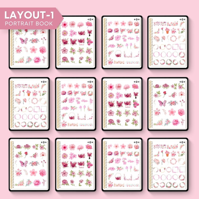 Pink Floral Digital Sticker Book for Goodnotes, PNG Digital Stickers ...