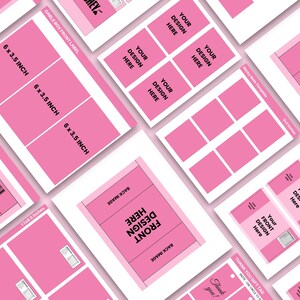 May include: Pink printable templates for gable boxes, sticky notes, and gift tags. The templates include space for text and images. The text on the templates includes "Gable Box Front Label", "Sticky Note Template", "Thank You Gift Tag", "Your Design Here", and "Front Design Here".
