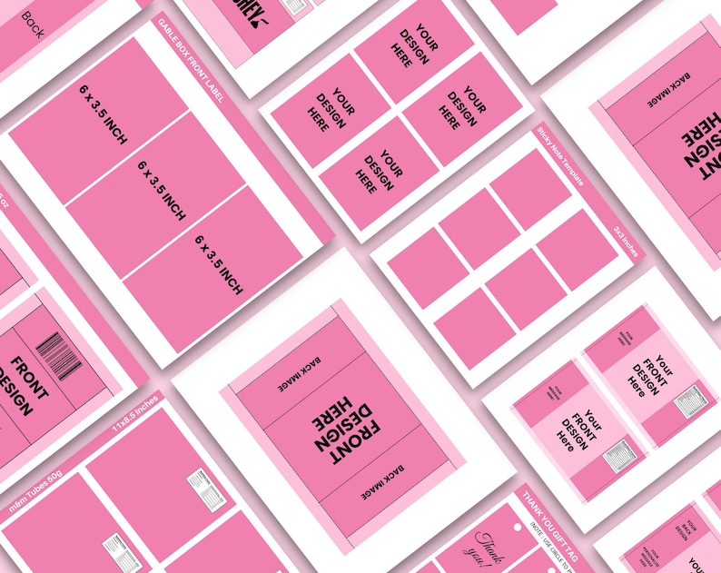 May include: Pink printable templates for gable boxes, sticky notes, and gift tags. The templates include space for text and images. The text on the templates includes "Gable Box Front Label", "Sticky Note Template", "Thank You Gift Tag", "Your Design Here", and "Front Design Here".