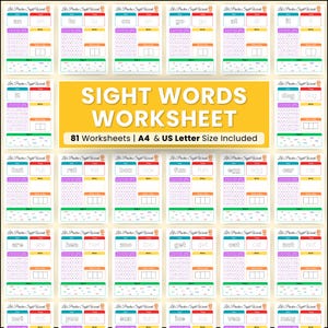 May include: A set of 81 printable sight word worksheets for kids. Each worksheet features a different sight word, with a colorful grid and a blank space for writing the word. The title of the set is "Sight Words Worksheet" and it includes the text "81 Worksheets | A4 & US Letter Size Included".