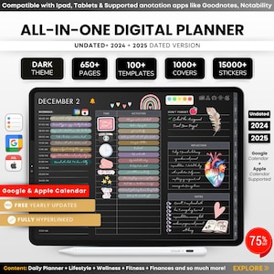 May include: A digital planner app on a tablet screen with a dark theme. The planner includes a daily schedule, activities, reflection, and notes sections. The app is compatible with Google and Apple calendars and includes free yearly updates and hyperlinks. The planner also includes 650+ pages, 100+ templates, 1000+ covers, and 15,000+ stickers.