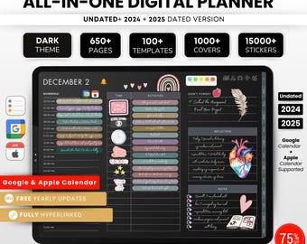Dark Mode All-in-One Digital Planner 2024, 2025, 2026, Digital Planner, Digital Journal, Digital Goodnotes Template, Weekly, Daily Planner