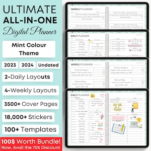 May include: A digital planner with a mint green color theme. The planner includes 2 daily layouts, 4 weekly layouts, 3500+ cover pages, 18,000+ stickers, and 100+ templates. The planner is available for 2023, 2024, and undated. The text "100$ Worth Bundle! Now, Avail the 75% Discount!" is displayed on the image.