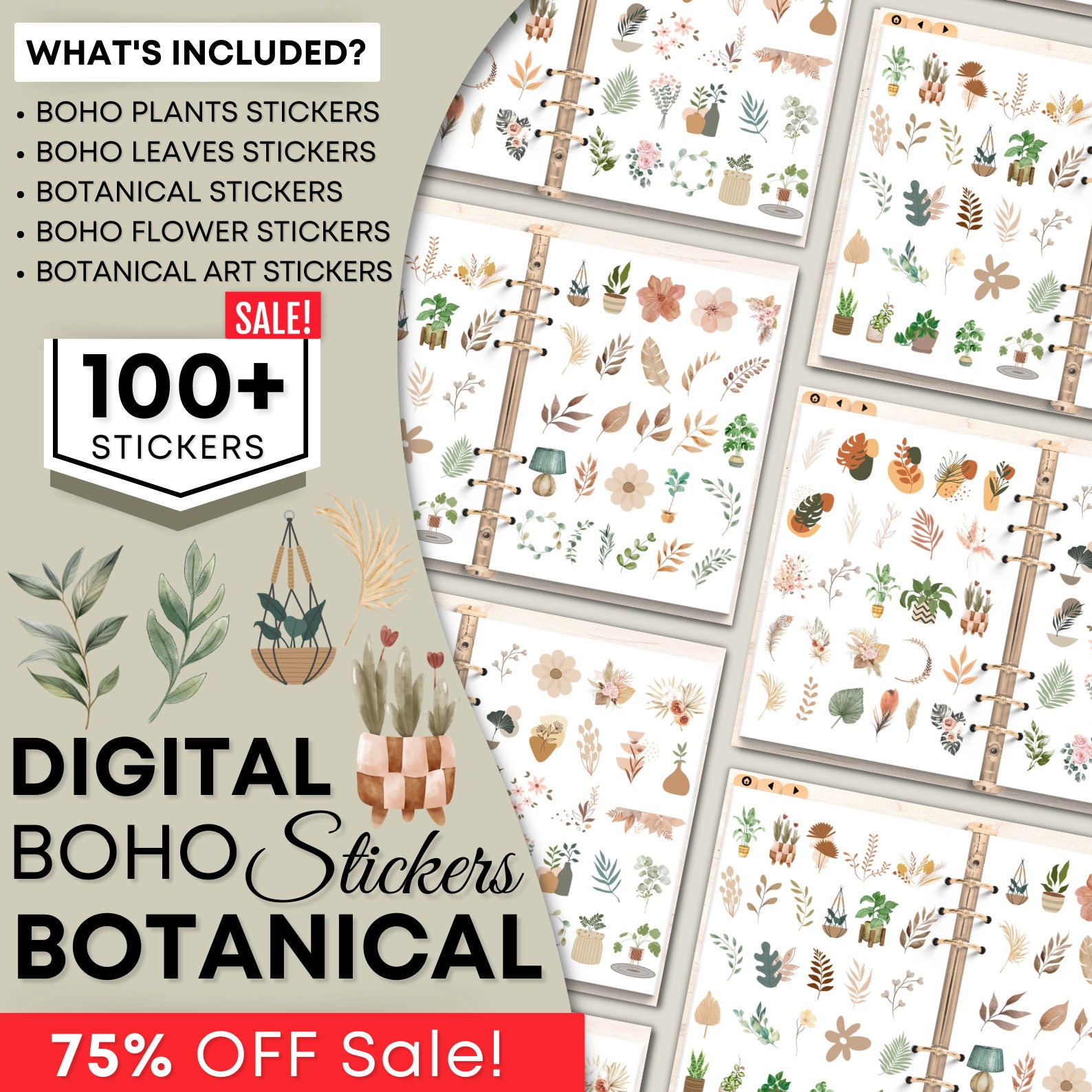 Boho Botanical Digital Stickers for Goodnotes, Daily Digital Sticker ...