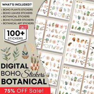 Op de afbeelding: Digitale printbare stickerset met meer dan 100 boho en botanische illustraties. De stickers bevatten planten, bladeren, bloemen en kunst. De tekst "SALE! 100+ STICKERS" wordt weergegeven in een bruine rechthoek met een witte achtergrond. De tekst "DIGITAL BOHO Stickers BOTANICAL 75% OFF Sale!" wordt weergegeven in een bruine rechthoek met een witte achtergrond.