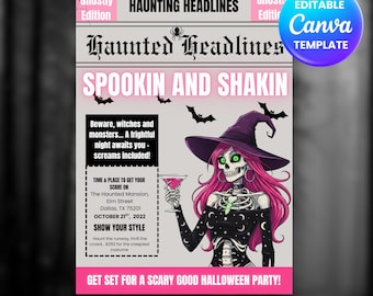 Krant Halloween-uitnodiging, Spooky Movie Night Costume-feestje nodigt elke leeftijd uit, bewerkbare canvassjabloon, Glam Halloween digitale download