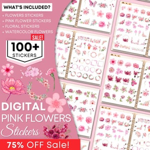 Pink Floral Digital Sticker Book for Goodnotes, PNG digital Stickers, Boho Flower Stickers, Digital Icon Stickers, Digital Planner Stickers