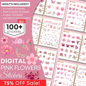 Puede incluir: Pegatinas digitales de flores rosas con más de 100 diseños. Las pegatinas presentan una variedad de flores rosas, coronas y marcos. El texto "WHAT'S INCLUDED?" se enumera con viñetas de los diferentes tipos de pegatinas incluidas. El texto "SALE! 100+ STICKERS" está en un círculo rosa. El texto "DIGITAL PINK FLOWERS Stickers 75% OFF Sale!" está en un rectángulo rosa.