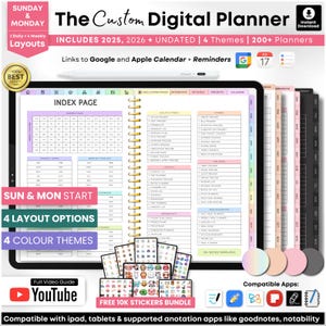 May include: A digital planner app with a pink, blue, and purple color scheme. The app includes a calendar, index page, and various trackers. The app is compatible with iPad, tablets, and annotation apps like Goodnotes and Notability. The app also includes a free 10,000 sticker bundle.