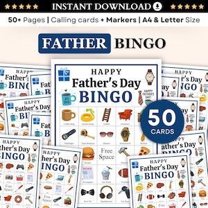 May include: A collection of Father's Day Bingo cards with various themed images, including a coffee mug, wristwatch, and tools. The cards are labeled "Happy Father's Day Bingo" and include the text "Instant Download".