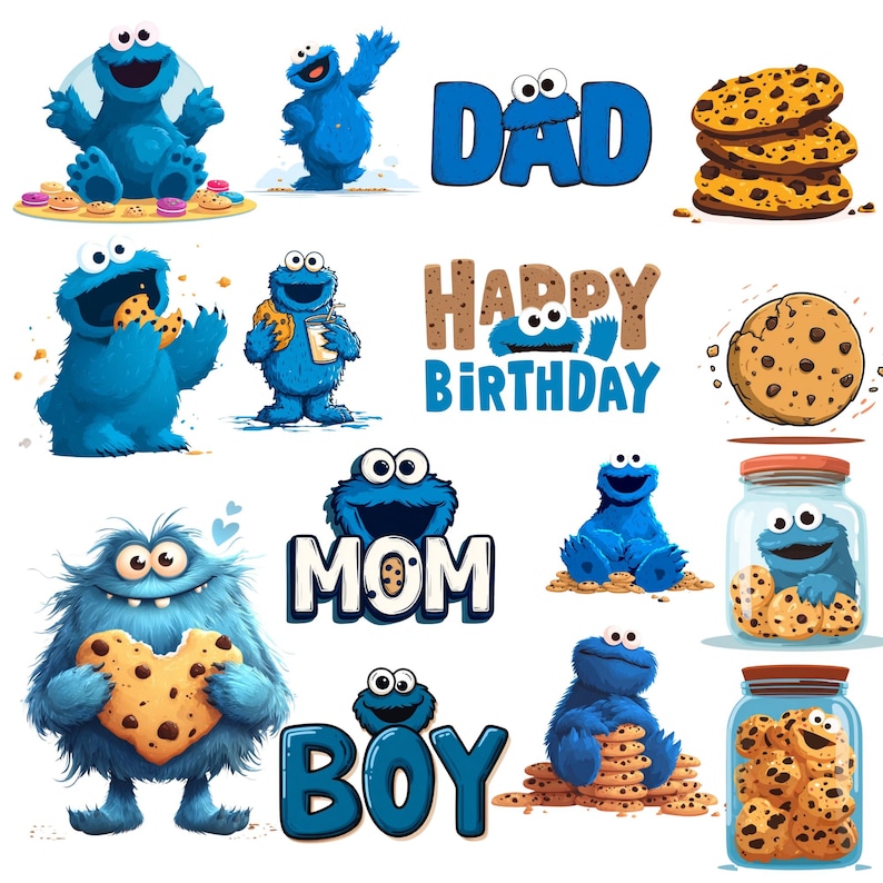 Pode incluir: Uma cole&ccedil;&atilde;o de ilustra&ccedil;&otilde;es de desenhos animados com um personagem de monstro azul com olhos grandes, segurando biscoitos, e texto que diz "DAD", "MOM", "BOY" e "HAPPY BIRTHDAY". H&aacute; tamb&eacute;m imagens de biscoitos e potes de biscoitos.