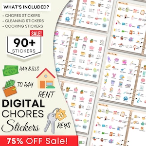 Puede incluir: Un conjunto de pegatinas digitales para planificador con más de 90 pegatinas coloridas para tareas domésticas, limpieza y cocina. Las pegatinas presentan ilustraciones de casas, llaves, facturas y otros artículos para el hogar. El texto "90+ pegatinas" y "¡75% de descuento!" es visible en la imagen.