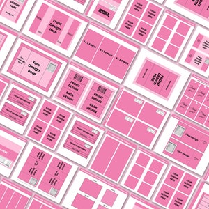 May include: A printable sheet with pink and white design templates for creating labels, tags, and packaging. The templates include various sizes and layouts, with text boxes for adding product information and design elements. The sheet includes the text "Front Design Here", "Back Design Here", and "Your Design Here".