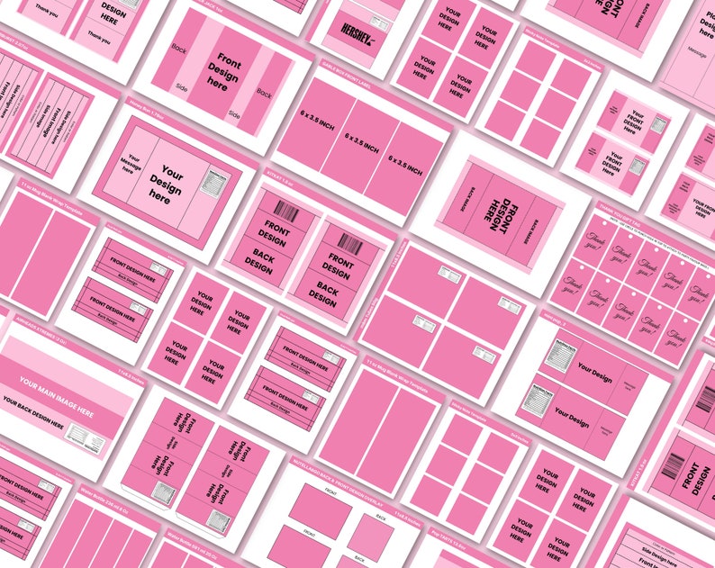 May include: A printable sheet with pink and white design templates for creating labels, tags, and packaging. The templates include various sizes and layouts, with text boxes for adding product information and design elements. The sheet includes the text "Front Design Here", "Back Design Here", and "Your Design Here".