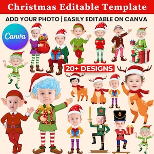 Puede incluir: Una plantilla digital de Navidad con varios diseños que presentan a niños disfrazados de elfos, renos y soldados de juguete. El texto "Christmas Editable Template" y "Add Your Photo | Easily Editable on Canva" se muestran en la parte superior. La imagen también incluye el logotipo de Canva y el texto "20+ Designs".