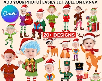 Paquete PNG de cara de elfo navideño: fotomatón DIY, decoración de aula (descarga digital)