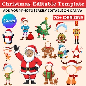 May include: A selection of Christmas-themed editable templates with spaces for photos. The image shows various festive characters, including Santa Claus, elves, penguins, and reindeer, all in a cartoon style. Text at the top reads "Christmas Editable Template".