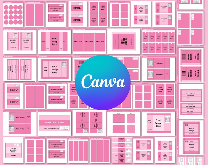 May include: A pink and white printable template for creating candy bar wrappers. The template includes various layouts with different sizes and shapes for the front and back of the wrapper. The text "Front Design Here" and "Your Design Here" is included on the template.