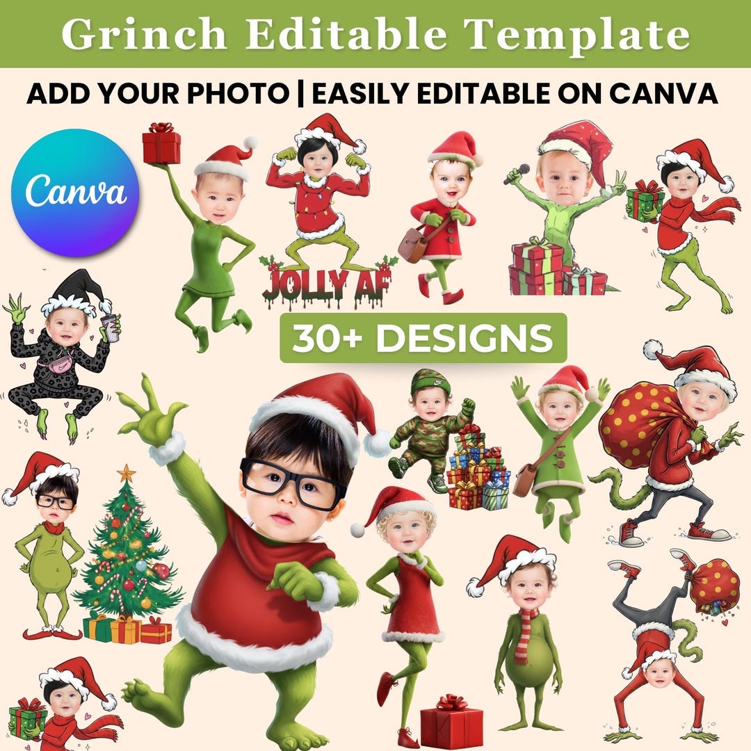 Face in Hole Template Grinch Christmas Design Add Photo, Editable PSD