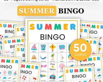 50 SUMMER Bingo Cards, Fun Summer Bingo Game, Kid Summer Activity, Fun Summer Game, School Party Game, Camp Activity, Summer birthday Game