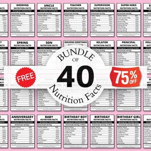 May include: A pink and white printable nutrition facts chart bundle with 40 different categories, including wife, wedding, uncle, teacher, supervisor, super hero, success, student, spring, son, seasons greetings, relator, principal, police officer, photograph, nurse, nephew, husband, anniversary, baby, birthday boy, birthday, birthday girl, and dad. The chart is designed to look like a nutrition label and includes a variety of facts about each category. The chart is free and 75% off.