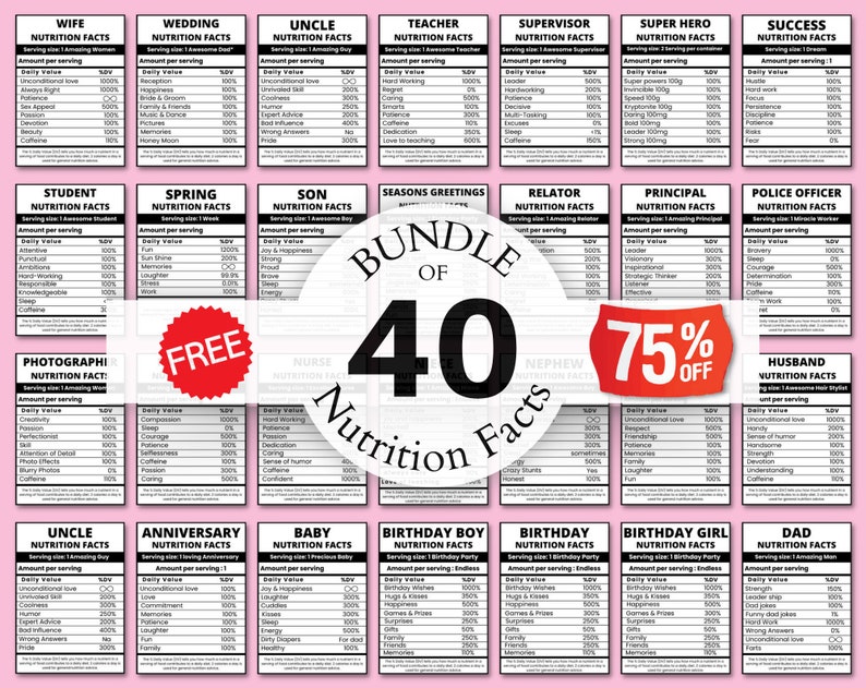 May include: A pink and white printable nutrition facts chart bundle with 40 different categories, including wife, wedding, uncle, teacher, supervisor, super hero, success, student, spring, son, seasons greetings, relator, principal, police officer, photograph, nurse, nephew, husband, anniversary, baby, birthday boy, birthday, birthday girl, and dad. The chart is designed to look like a nutrition label and includes a variety of facts about each category. The chart is free and 75% off.