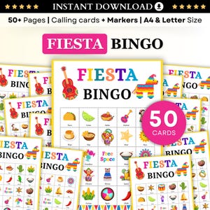 Fiesta Bingo, 30 cartelle stampabili per Fiesta Bingo, attività Fiesta per bambini, gioco per feste Fiesta per bambini, attività in classe per il Cinco de Mayo per bambini