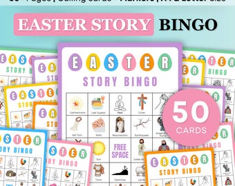 50 Easter Bible Bingo | Resurrection Bingo | Easter Story Bingo | Christian Easter Games | Bible Games | Easter Games for Kids | Bible Bingo