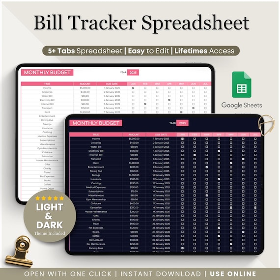 Bill Tracker Spreadsheet | Google Sheets Bill Calendar, Monthly Smart Bill Planner, Editable Bill Payment Dashboard Personal Finance Planner