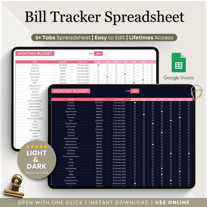 May include: A Google Sheets spreadsheet template for tracking monthly budgets. The spreadsheet has two tabs, one for income and expenses and another for tracking bills. The spreadsheet is designed with a light and dark theme.
