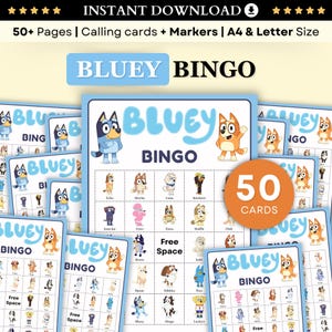 50 Bluey Bingokarten, druckbares Bluey Geburtstagsparty-Spiel für Kinder, TV-Show-Aktivität für blaue Hunde, lustiges Familien-Bingo