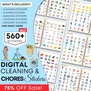 May include: A digital download of 560+ cleaning and chore stickers. The stickers are organized into categories such as laundry, grocery, and mowing the lawn. The image shows a variety of colorful stickers with illustrations of household items and activities.