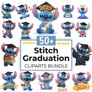 Stitch Graduation Clipart | 50+ Class of 2025 PNGs | Cute Blue Alien Grad Art | Digital Bundle