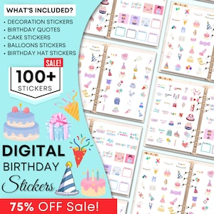 May include: A digital download of over 100 birthday stickers. The stickers feature a variety of designs, including cakes, balloons, hats, and gifts. The stickers are perfect for adding a personal touch to your birthday cards, invitations, and scrapbook pages.  75% off sale!