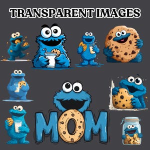 Pode incluir: Uma cole&ccedil;&atilde;o de imagens de desenhos animados com um personagem de monstro azul com olhos grandes, muitas vezes segurando biscoitos e leite. A palavra "MOM" &eacute; exibida com um biscoito como "O". O texto "TRANSPARENT IMAGES" est&aacute; no topo.