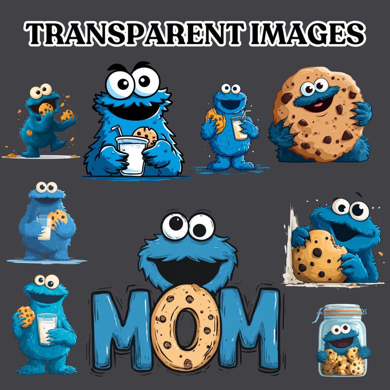Pode incluir: Uma cole&ccedil;&atilde;o de imagens de desenhos animados com um personagem de monstro azul com olhos grandes, muitas vezes segurando biscoitos e leite. A palavra "MOM" &eacute; exibida com um biscoito como "O". O texto "TRANSPARENT IMAGES" est&aacute; no topo.