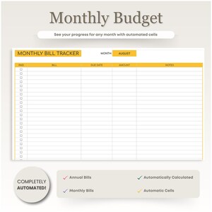 May include: A printable monthly budget tracker with a yellow header and a white background. The header says "Monthly Budget" and "See your progress for any month with automated cells". The tracker has columns for "Paid", "Bill", "Due Date", "Amount", and "Notes". The month is set to August. The tracker also has a section at the bottom that says "Completely Automated!" and lists features like "Annual Bills", "Monthly Bills", "Automatically Calculated", and "Automatic Cells".