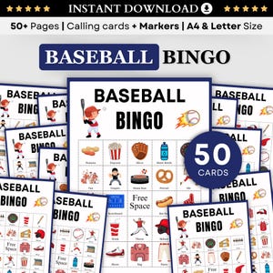 Baseball Bingo Spiel zum Ausdrucken, 50 einzigartige Bingo Karten, Sport Party Aktivität für Kinder & Erwachsene, Sofort Download PDF