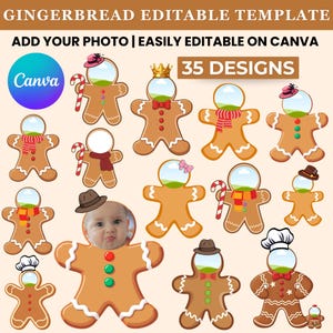 Könnte beinhalten: Eine digitale Vorlage mit Lebkuchenmann-Designs mit anpassbaren Gesichtern. Das Bild zeigt verschiedene Lebkuchenfiguren mit Accessoires wie Hüten, Schals und Zuckerstangen. Der Text auf dem Bild lautet "Gingerbread Editable Template" und "35 Designs".