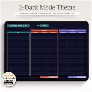 May include: A dark mode bill tracker spreadsheet template for the first quarter of 2025. The spreadsheet is divided into three sections: January, February, and Total. Each section has columns for Bill, Due Date, Date Paid, and Amount.