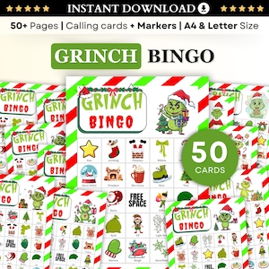 Pode incluir: Um conjunto de jogo de bingo Grinch com 50 cartas, cartões de chamada e marcadores. O design apresenta o personagem Grinch, ícones temáticos de Natal e o texto "GRINCH BINGO". Disponível nos tamanhos A4 e Carta.
