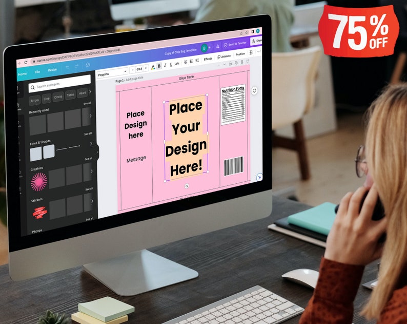 May include: A computer screen displaying a pink and yellow design template for a food product label. The template includes text that says "Place Your Design Here!" and "Place Design here". The screen is showing a design program with tools for creating and editing graphics.