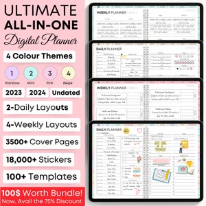 Può includere: Un planner digitale con quattro temi di colore: arcobaleno, menta, rosa e beige. Il planner include 2 layout giornalieri, 4 layout settimanali, oltre 3500 pagine di copertina, oltre 18000 adesivi e oltre 100 modelli. Il testo "ULTIMATE ALL-IN-ONE Digital Planner" è nella parte superiore dell'immagine. Il testo "100$ Worth Bundle! Now, Avail the 75% Discount!" è nella parte inferiore dell'immagine.