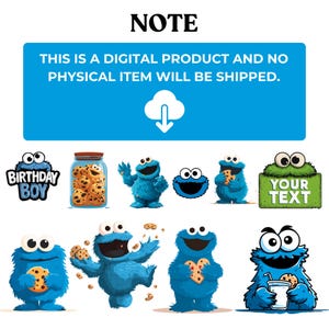 Pode incluir: Uma cole&ccedil;&atilde;o de imagens de desenhos animados com um personagem de monstro azul com olhos grandes, segurando biscoitos e um pote de biscoitos. As imagens incluem o texto "BIRTHDAY BOY" e "YOUR TEXT" em um sinal verde. Uma faixa azul na parte superior diz "THIS IS A DIGITAL PRODUCT AND NO PHYSICAL ITEM WILL BE SHIPPED."