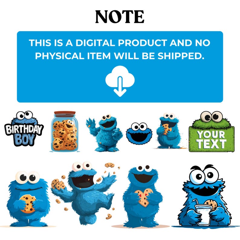 Pode incluir: Uma cole&ccedil;&atilde;o de imagens de desenhos animados com um personagem de monstro azul com olhos grandes, segurando biscoitos e um pote de biscoitos. As imagens incluem o texto "BIRTHDAY BOY" e "YOUR TEXT" em um sinal verde. Uma faixa azul na parte superior diz "THIS IS A DIGITAL PRODUCT AND NO PHYSICAL ITEM WILL BE SHIPPED."