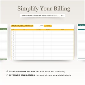 May include: A printable monthly bill tracker with a yellow and white color scheme. The tracker has columns for bill name, due date, amount, and notes. The month of August is highlighted in yellow. The text "Start billing on any month - write month and start billing." and "Automatic calculations - log your bills and view totals instantly." are at the bottom of the page.