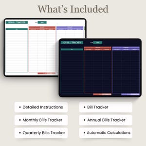 May include: A digital download of a bill tracker template. The image shows two different versions of the template, one with a dark background and one with a light background. The template includes sections for monthly, quarterly, and annual bill tracking. The text "Q1 Bill Tracker" is visible on the template.