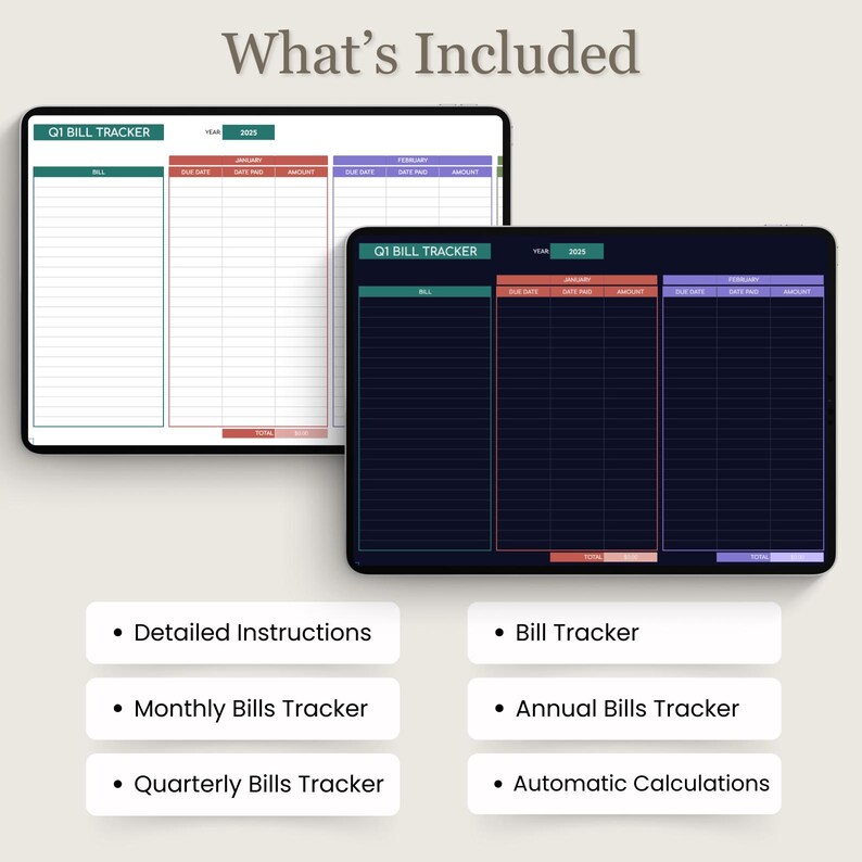 May include: A digital download of a bill tracker template. The image shows two different versions of the template, one with a dark background and one with a light background. The template includes sections for monthly, quarterly, and annual bill tracking. The text "Q1 Bill Tracker" is visible on the template.