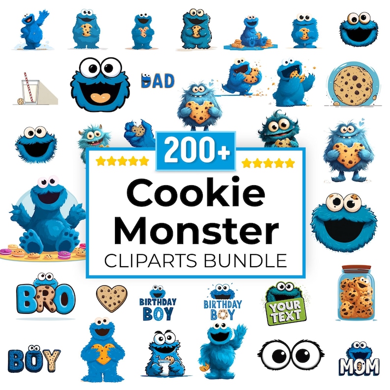 Pode incluir: Uma cole&ccedil;&atilde;o de imagens clipart do Monstro dos Biscoitos azul. As imagens mostram v&aacute;rias poses, como segurando biscoitos, com o texto "200+ Cookie Monster Cliparts Bundle". Outras imagens incluem as palavras "BRO", "B&Ouml;Y", "BIRTHDAY BOY" e "MOM".
