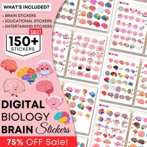 Op de afbeelding: Een digitale stickerset met meer dan 150 kleurrijke illustraties met een hersenenthema. De stickers omvatten verschillende stijlen, van anatomische diagrammen tot cartoonfiguren. De tekst "DIGITAL BIOLOGY BRAIN Stickers 75% OFF Sale!" wordt weergegeven op de afbeelding.